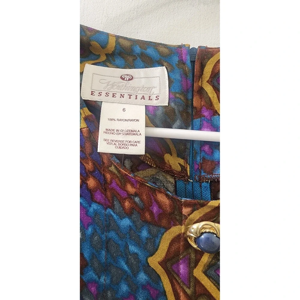 Worthington Essentials Vintage Midi Dress Geometric Print Belted Rayon Size 6